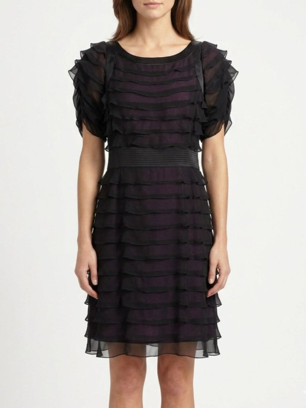 Neil Bieff Silk Chiffon Tiered Ruffle Dress Vintage Couture Black Pink